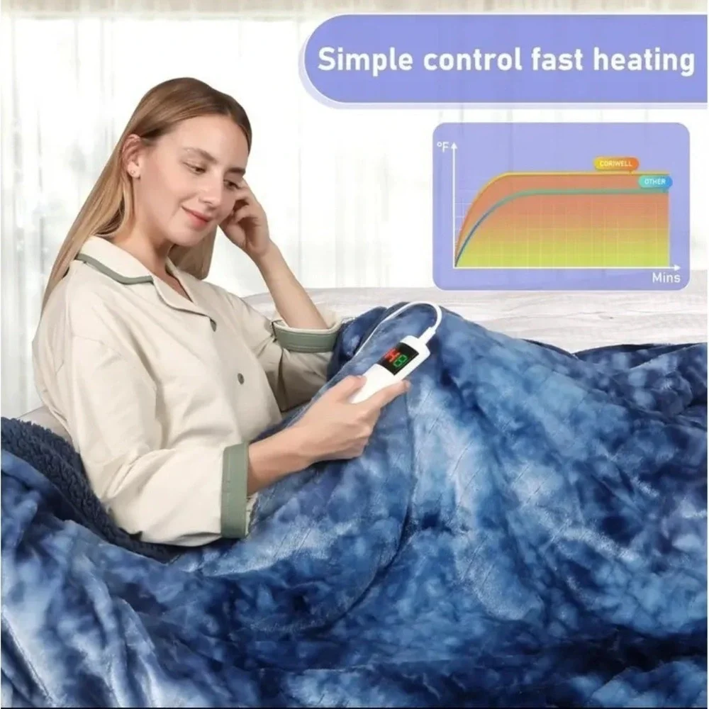 Manta eléctrica‎ calefactable azul con 10 niveles de calor y apagado automático